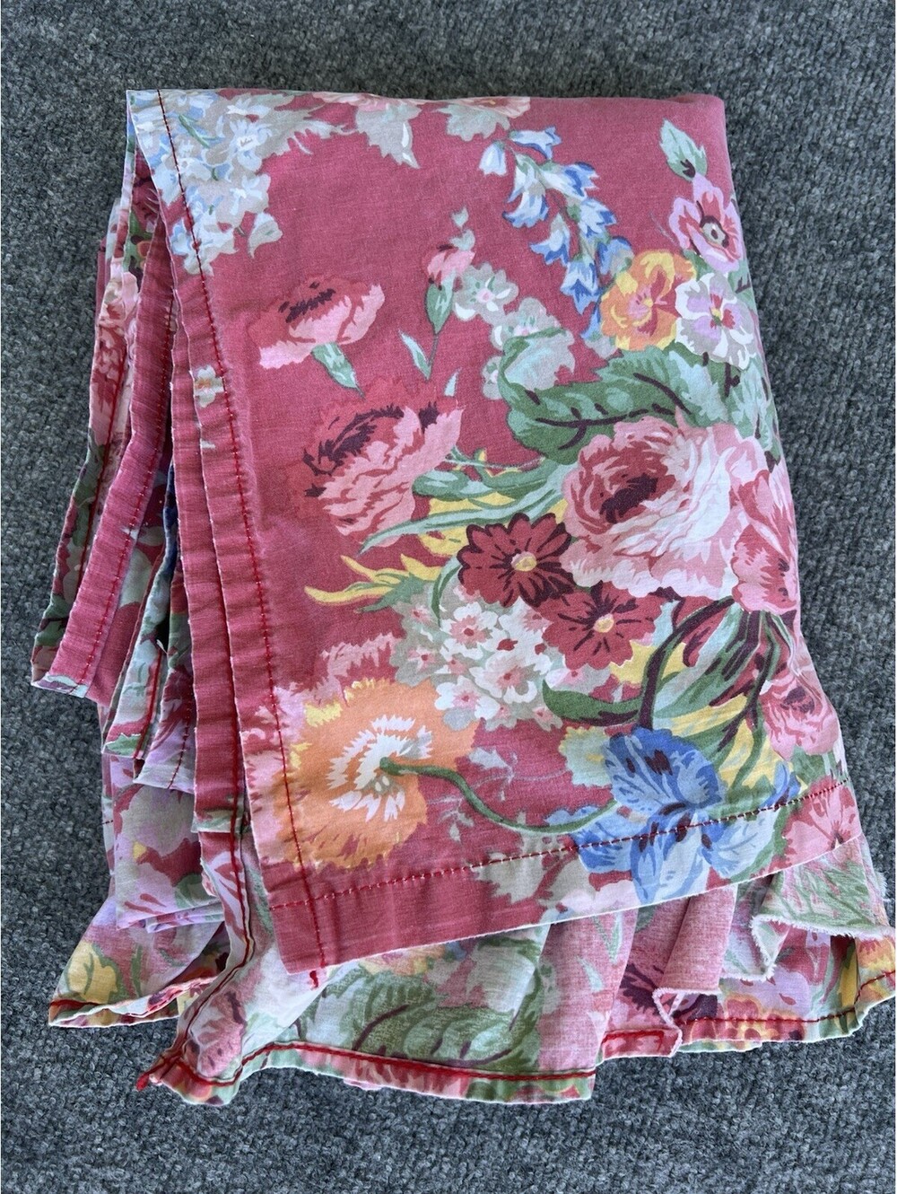 Ralph Lauren Beach House red floral ruffled flat sheet Cottagecore Damaged